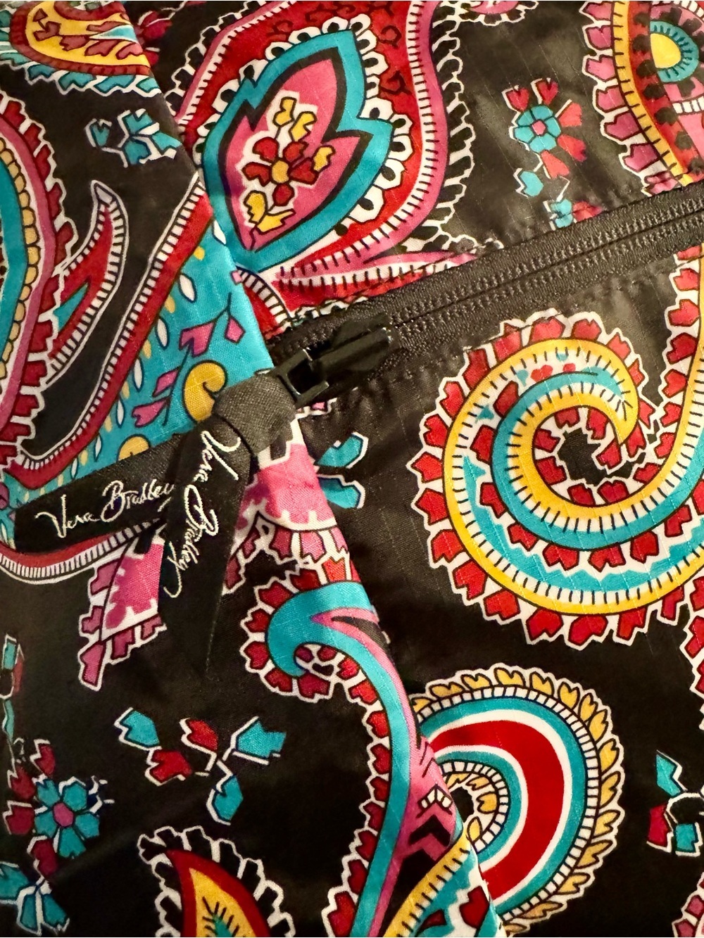 Black Paisley Print Vera Bradley Nylon Tote Bag with Pink & Teal Accents - Picture 3 of 5